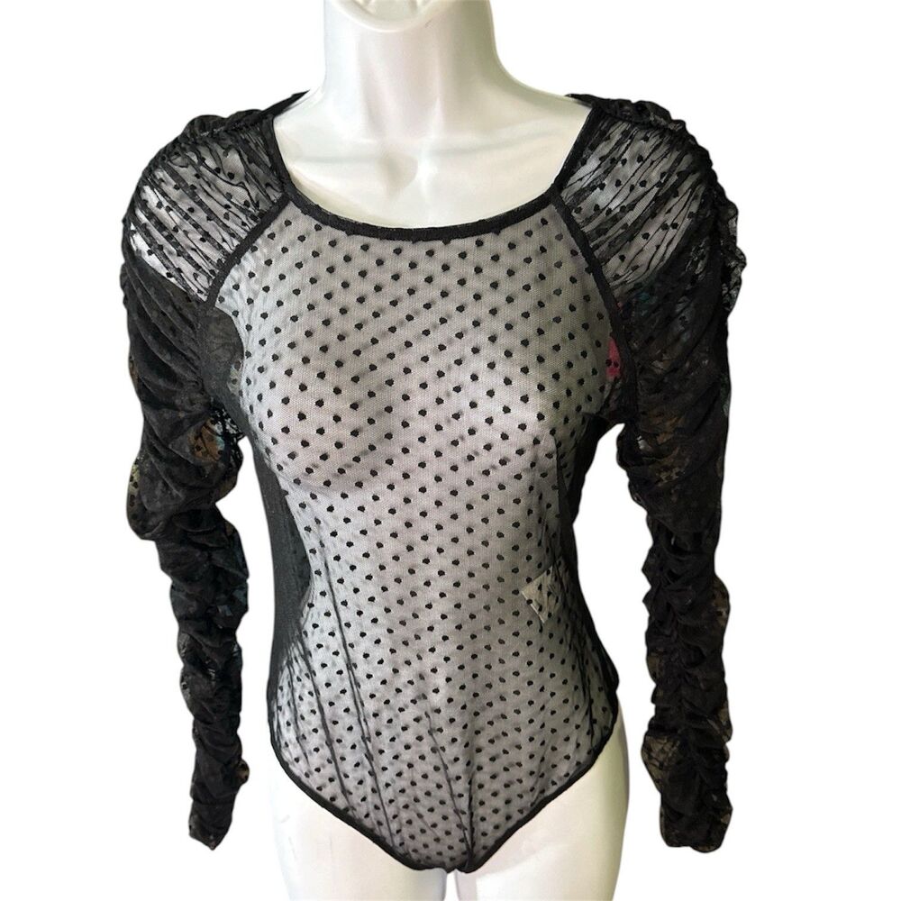 NWT Chelsea & Violet Black Polka Dot Sheer Bodysuit Women's Size S Whimsy Goth